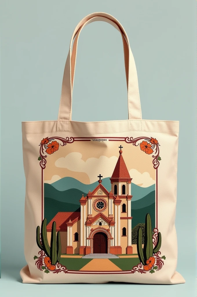 A reusable bag with the design of the main church of Oxapampa