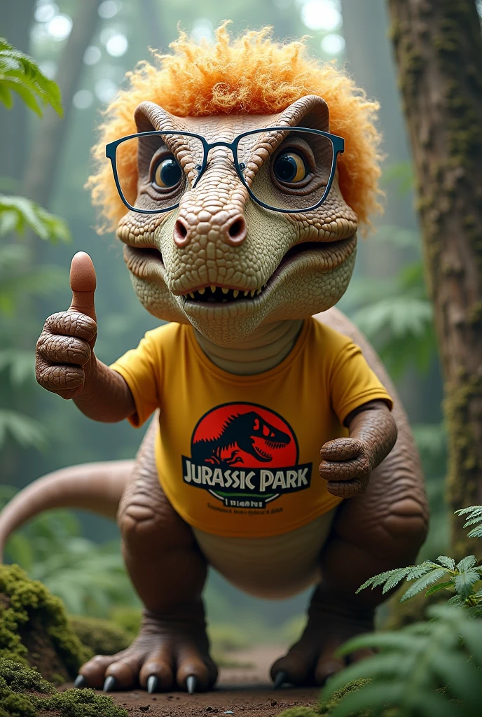 A blonde t-rex with long curly hair, who wears glasses with transparent frames, wearing a jurassic park shirt giving a thumbs up