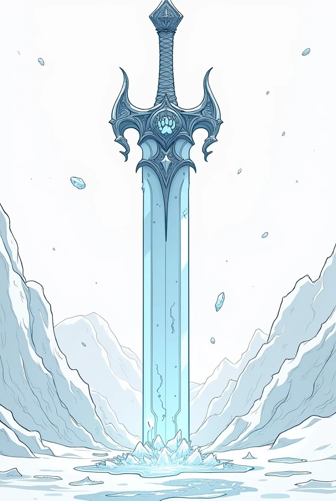 the picture shows a line drawing of a giant floating sword in anime style, which has a powerful effect. The handle is very elegantly decorated and looks as if it were made of ice. a bear paw is engraved on the upper part of the blade