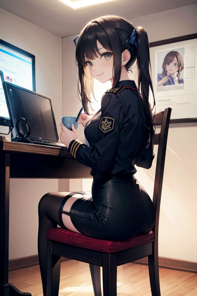A woman in a suit with short black hair、a miniskirt、high-heels、black attache case、Beautiful fingertips、beauty legs、red blush、Ecstatic look、Camel hoof、Black stockings、pussy juice,pussy,vagina,Cafe terrace seating、Typing on a laptop