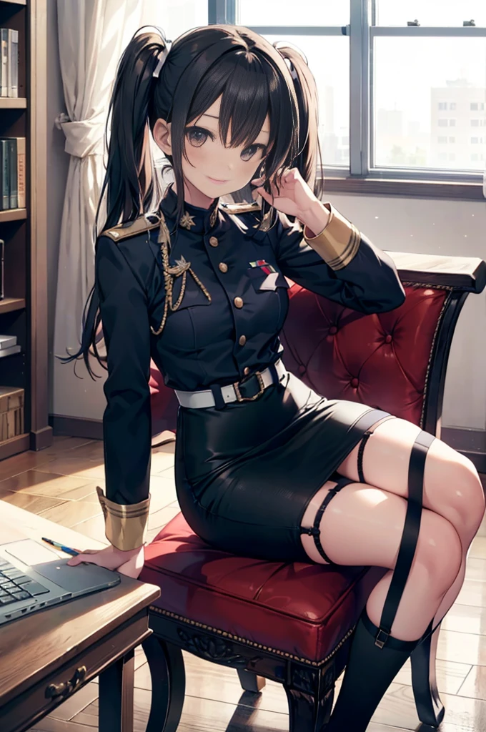 (masterpiece), 4K,woman,Holding a mug,Long-sleeved military uniform,Small breasts,Small Ass,Twin tails,Light bulb lighting,Realistic, skinny, garter belt,smile,Sit in a luxurious chair,((Pencil Skirt)),,Computer input