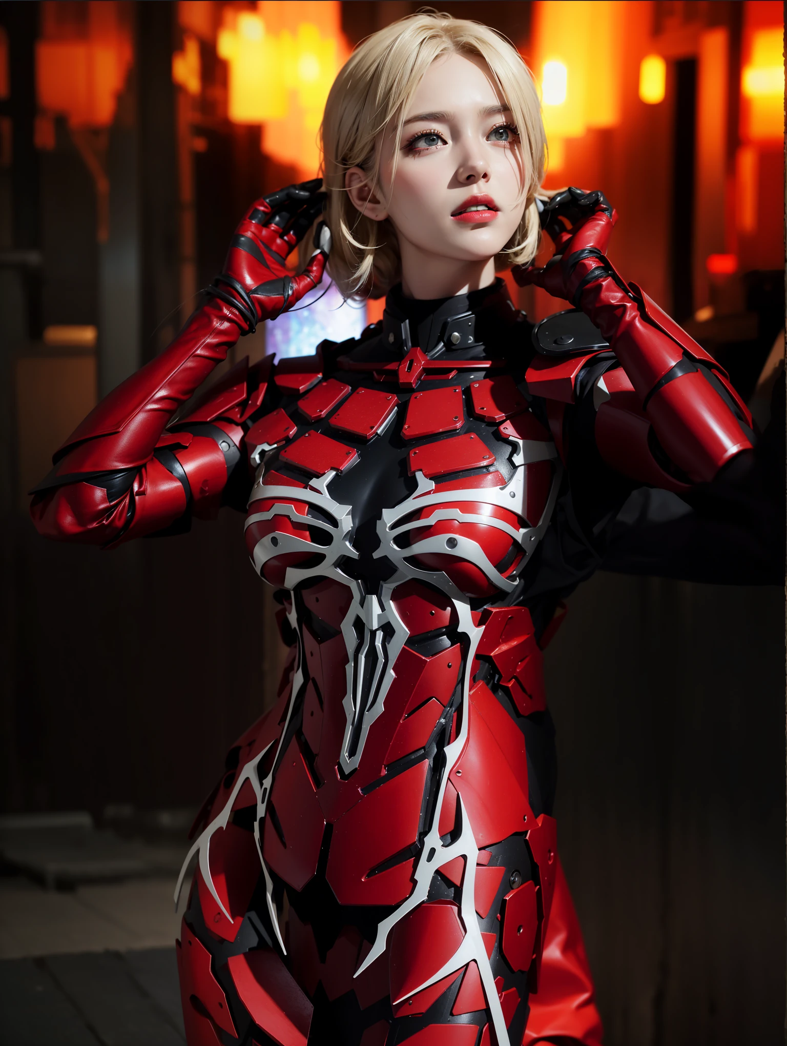 Fantasy cyberpunk world,1 Mechanical wonder,Defending world order;Samurai Mechanical Armor,Equip transparent weapons,Streamlined black and red design,Wearing a black cape,For one person,This is a large portion,Highest quality art,8K ultra-high resolution,Dynamic Lighting,Equally brilliant,Vibrant colors,Wearing a cyberpunk space helmet,Glowing Steel Tech Mech Mask,Future high-tech tactical helmet,High-tech mechanical armor combat suit,High-tech luminous gas mask,Ex Machina,Hands up,Fingers straightened,Mechanical arm
