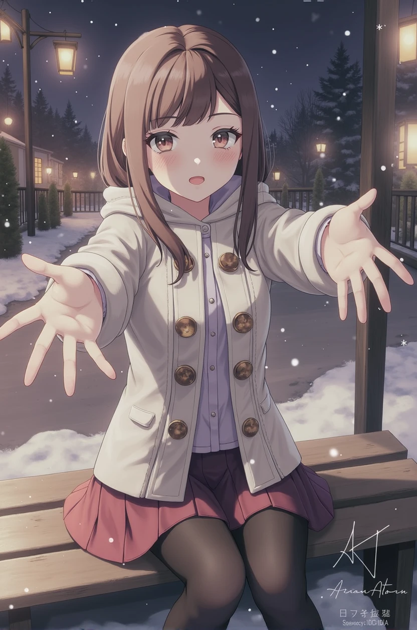 masterpiece, Highest quality, (Beautiful girl :1.2), Winter clothes, coat, snow day, Give me a hug, Breath