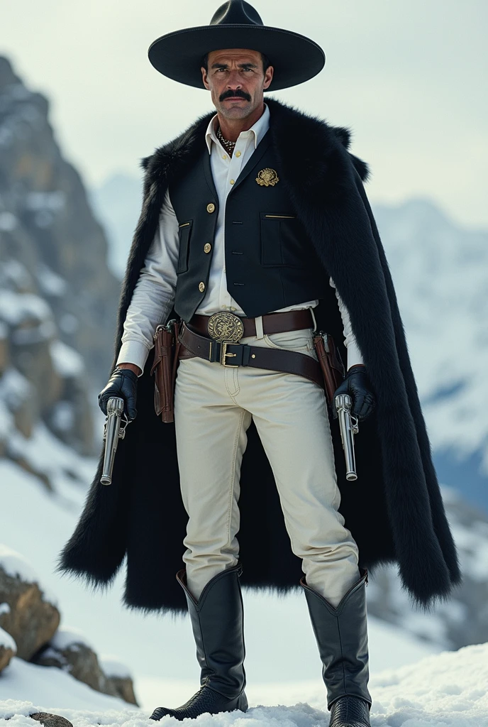 Show me a legendary gunfighter with a Mexican hat, a mustache, with a white shirt, a black vest closed over the shirt, a black panther skin covering his shoulders and part of his back , white denim pants, black cowboy boots on her feet, with a black belt and being in a cold, mountainous setting, that he is in an epic pose holding his two pistols 
