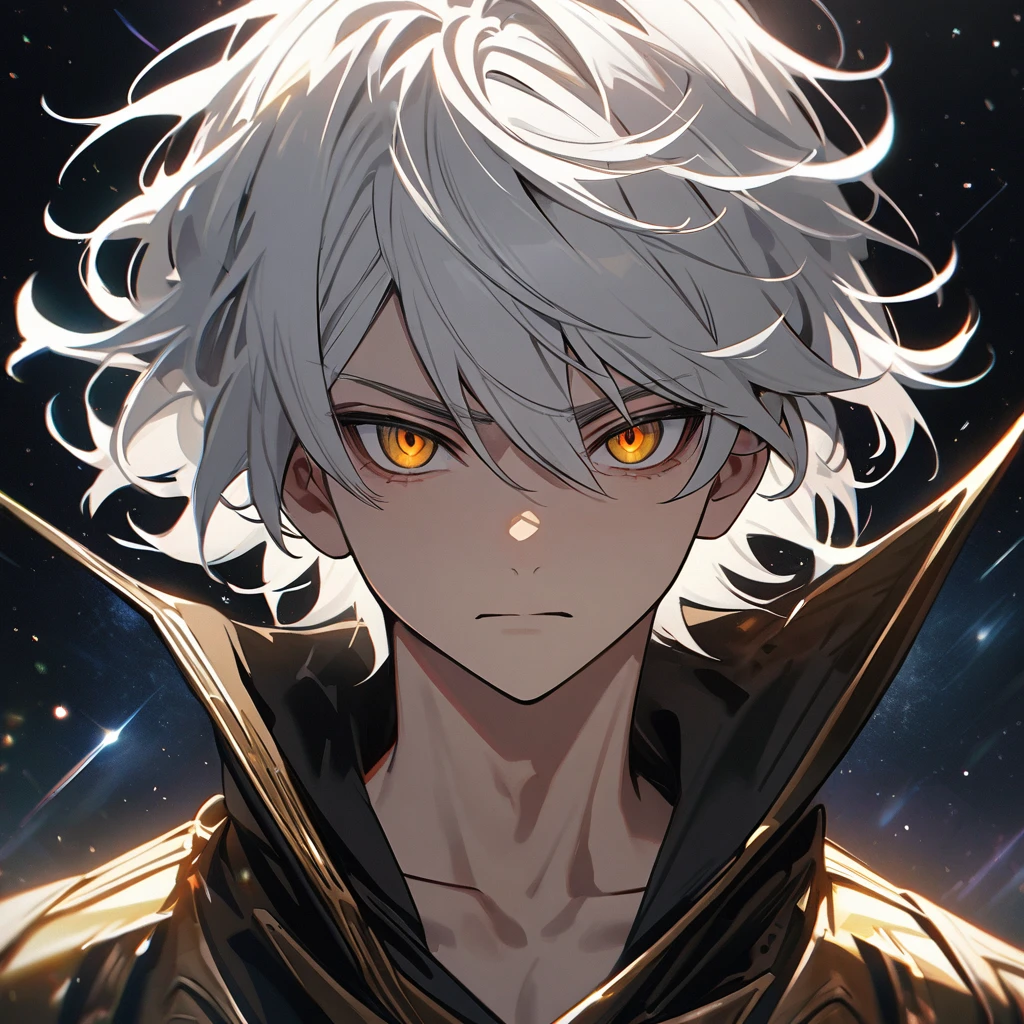 High quality, HD, 4k, no shadows, handsome male, 1male, 17 years old, teenager, short white hair, silver hair, white hair, sharp eyes, dark golden colored eyes, deep golden eyes, dark gold eyes, gold eyes, devil may cry, close up, calm expression, stoic expression, black leather clothes, white leather clothing, lean body, well trained body, upper body, looking at viewer, cowboy shot, white solar, space background