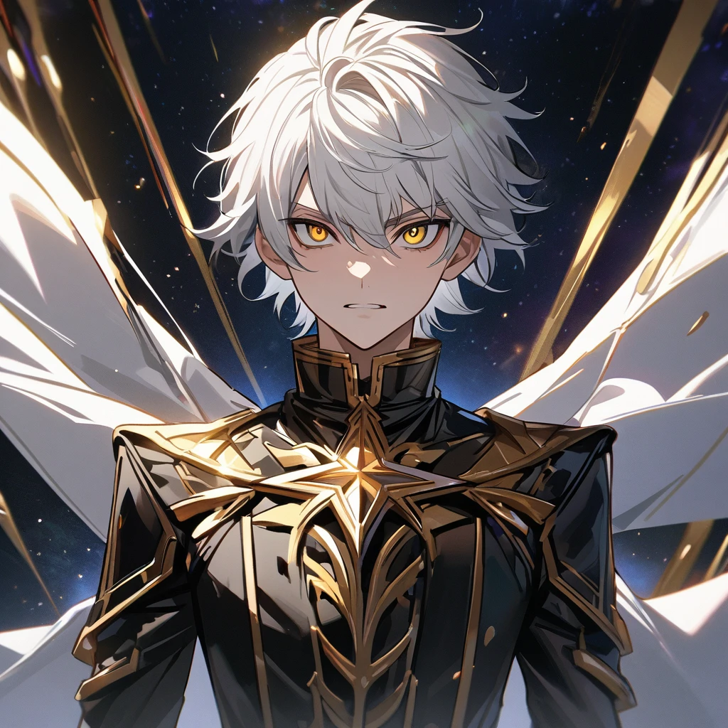 High quality, HD, 4k, no shadows, handsome male, 1male, , teenager, shwhite hair, silver hair, white hair, sharp eyes, dark golden colored eyes, deep golden eyes, dark gold eyes, gold eyes, devil may cry, close up, calm expression, stoic expression, black leather clothes, white leather clothing, lean body, well trained body, upper body, looking at viewer, cowboy shot, white solar, space background