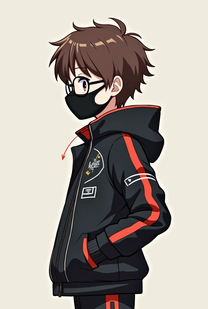 A brown-haired boy with round dark glasses wearing a black jacket with red stripes and other details,as well as using a black mask , use black pants with red stripes and finally use a pair of robotic boots and the character is animated ,profile pic