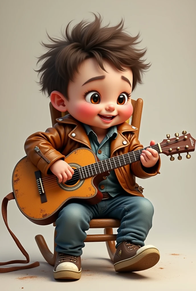 Image of a **** boy in a rocker style leather jacket playing a guitar 