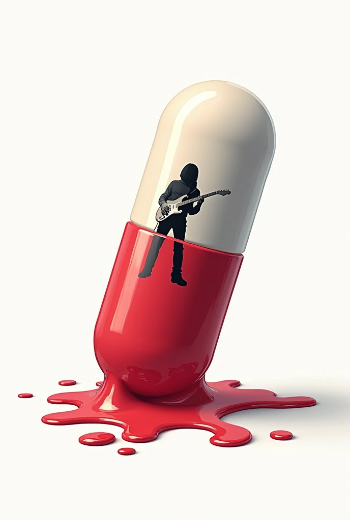 Red an white pill on a bony white background, the pill is melting and oozes, cartoonish style

The image should be a square

The pill is tilted 

There is a reflection on the pill ,here we can distinguish a guitarist