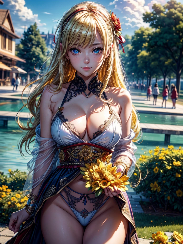 masterpiece, best quality, best quality, (Intricate detailed:1.2), beautiful eyes, 1girl, solo, outdoors, blue sky, cloudy, bokeh, lens flare, anamorphic lens flare, depth of field, seductive face, seductive smile, heanna_sumire, yellow hair, red headband,