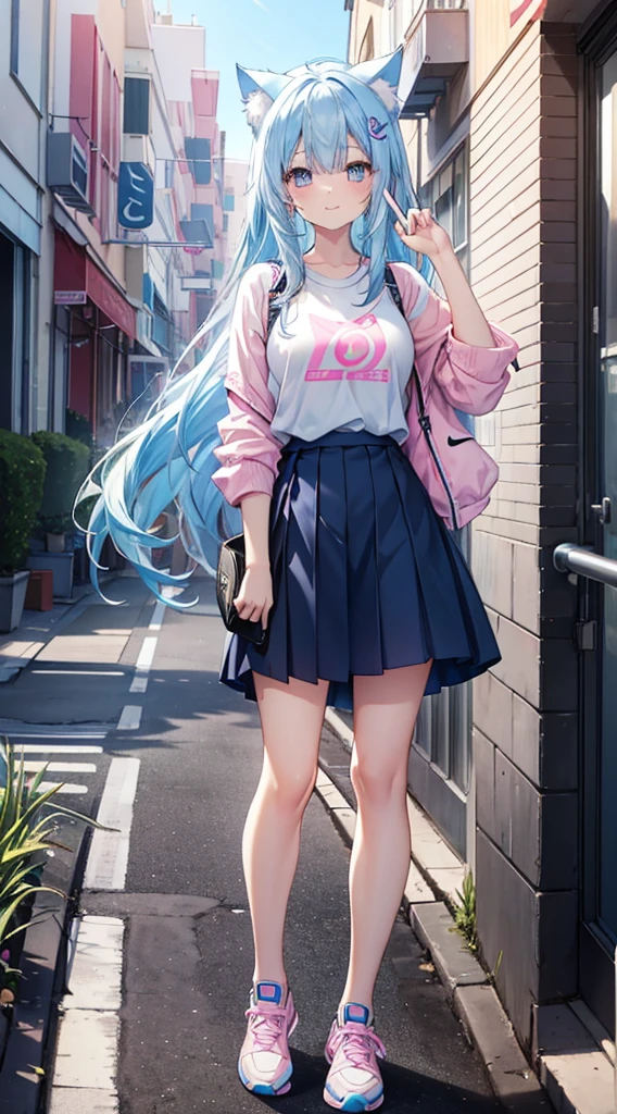 A girl with long blue hair that turns pink at the bottom, cat ears, two different eyes, one pink and the other blue, wearing a light blue shirt that shows her breasts a little, a dark blue short skirt, and white Nike shoes, stands on the sidewalk among a few peoples, She smiles, looks at the viewer, and makes the peace symbol with her fingers