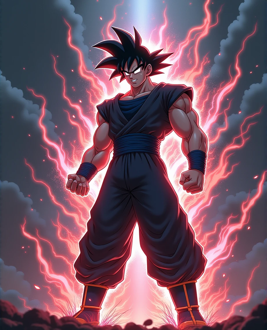 goku wearing black covering his whole body, with Naruto's nine tailed fox chakra, com sharigan e rinnegan
