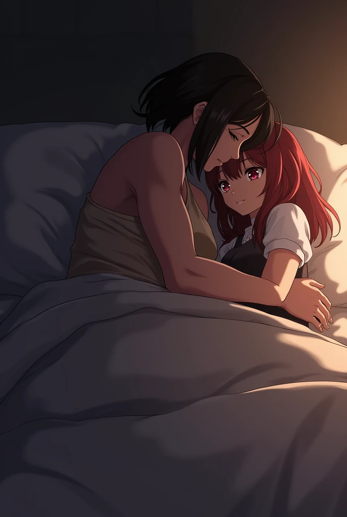 girl with２a person　A dark-haired　short　a bed　embracing each other