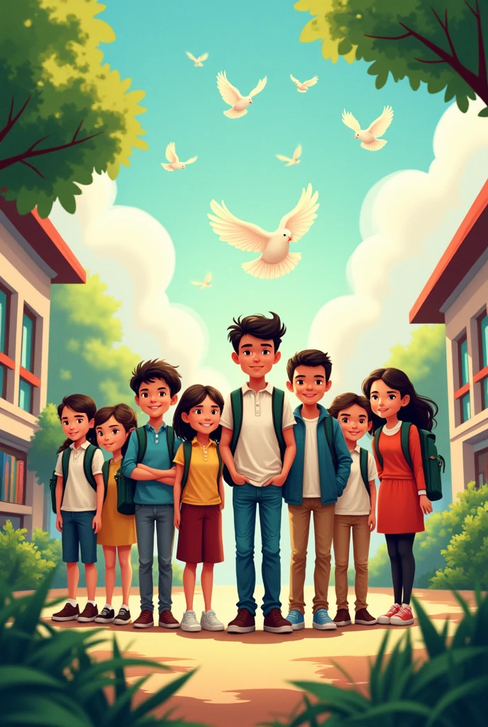 Create an image that conveys education, peace, and a fight against school violence, and includes the message "Por un futuro sin violencia escolar" in Spanish.