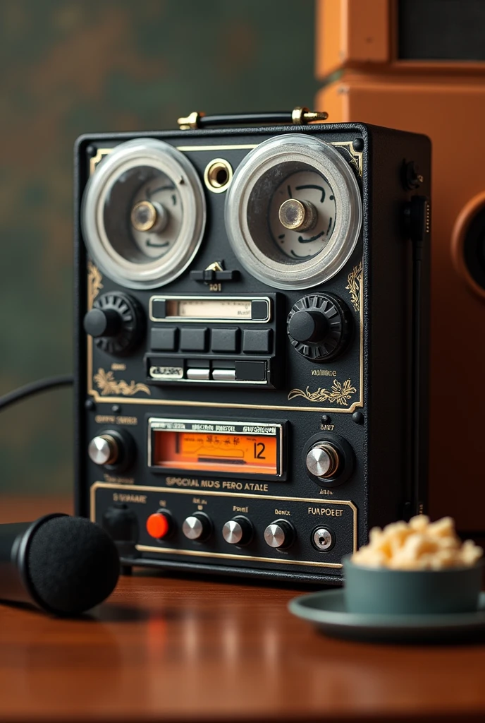 Retro tape recorder and microphones with the name Boom Bap