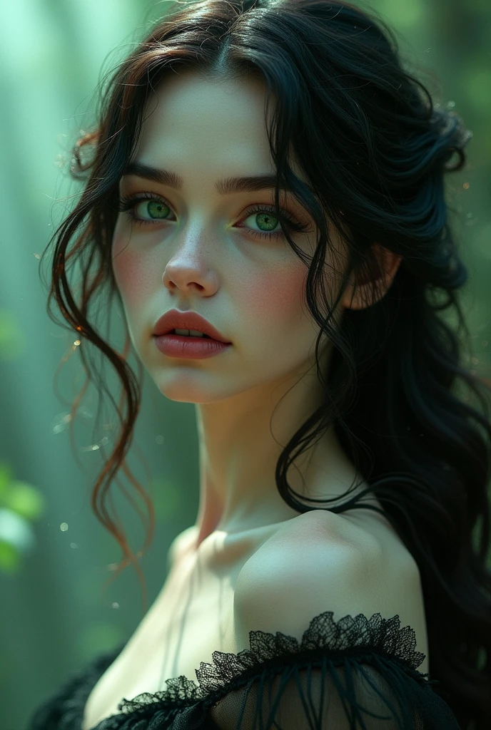 A pale-skinned goddess with dark red hair, black hair and green eyes.