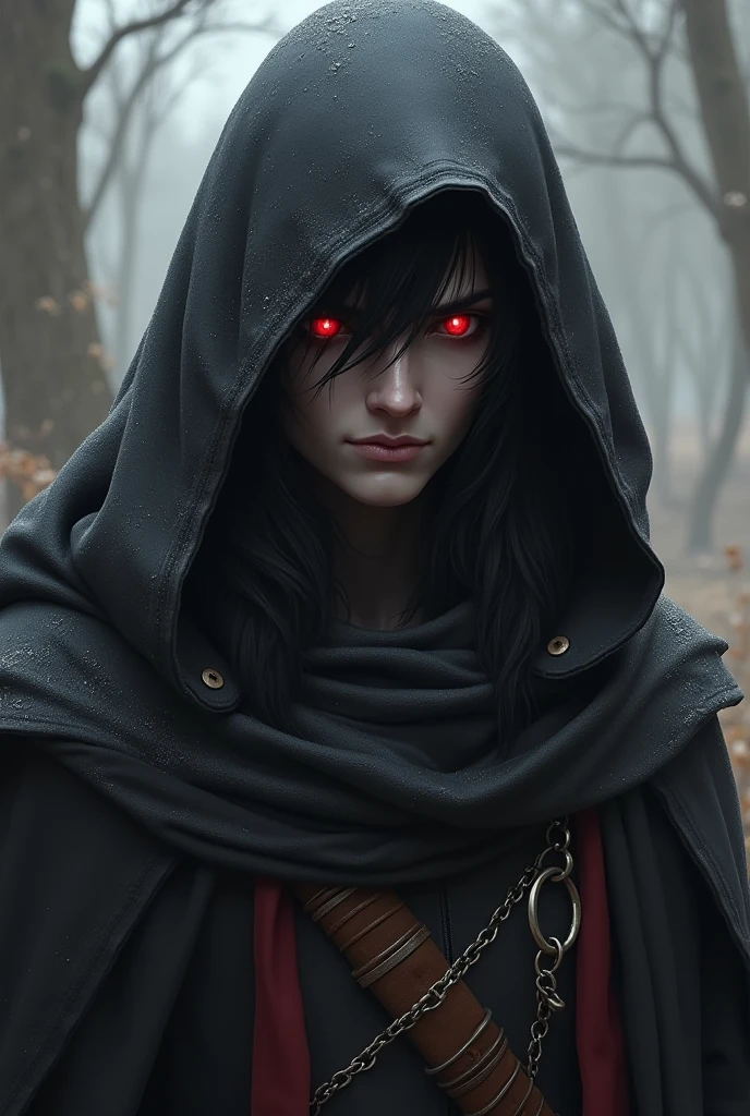 eladrin male rogue in hood with black hair, gray skin and red eyes