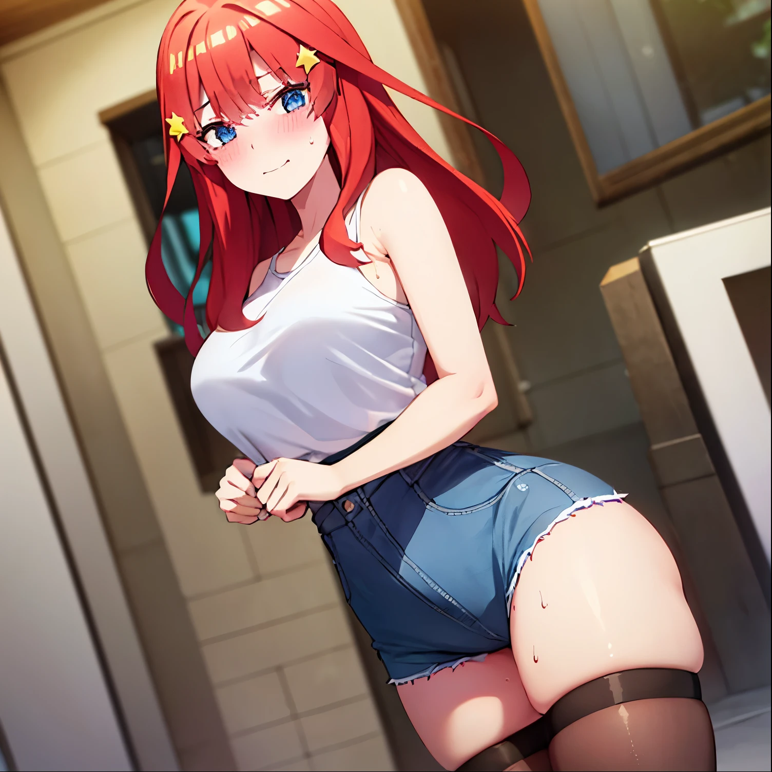 1 girl, alone, itsuki nakano, detailed background, aged, mature woman, star hair ornament, medium hair, red hair, choke, bangs, hair amazing eyes, blue eyes, milf, sexy body, bottom, white blouse, tight blouse, bare shoulders, bare waist, blue shorts, short shorts, smile, blush, looking at viewer, from behind, point of view (from below), seductive, street, city, standing, ((sweat blush, breasts large, medium waist, wide hips, medium thighs, perfect anatomy, perfect hands