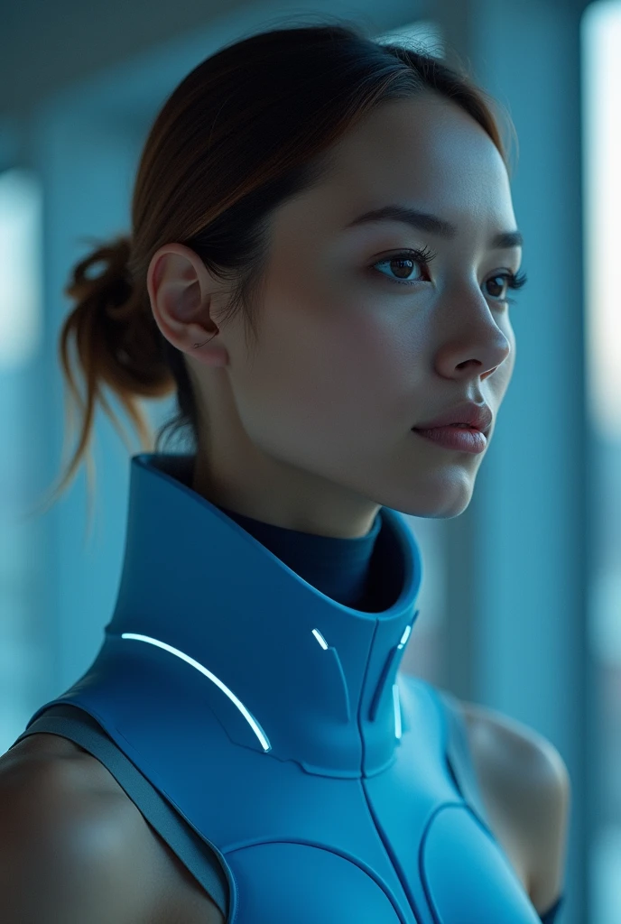 A thick blue collar on the neck that monitors health