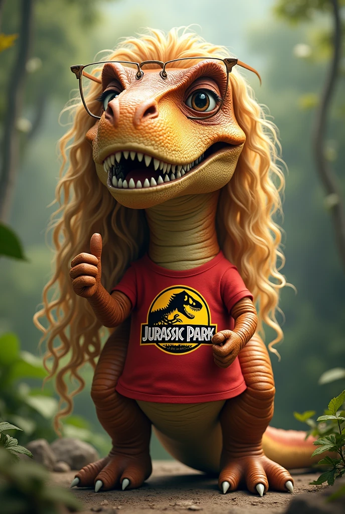 A blonde t-rex with long curly hair, who wears glasses with transparent frames, wearing a jurassic park shirt giving a thumbs up