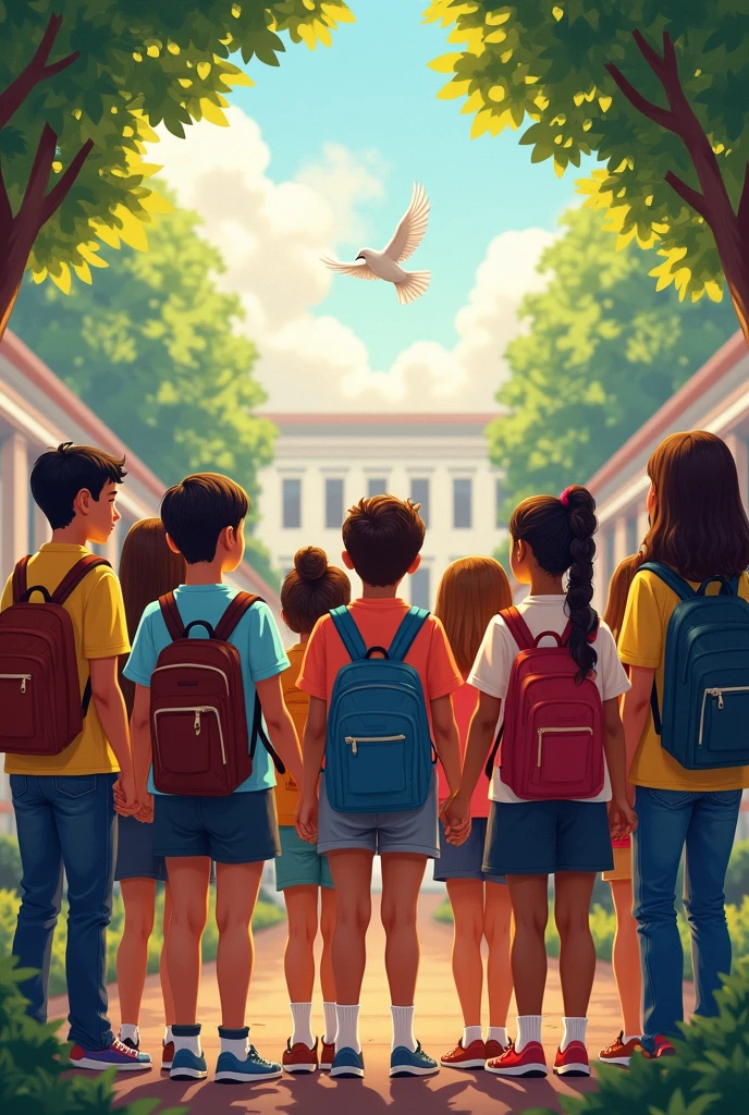 Create an image that conveys education, peace, and a fight against school violence, and includes the message "Por un futuro sin violencia escolar" in Spanish.