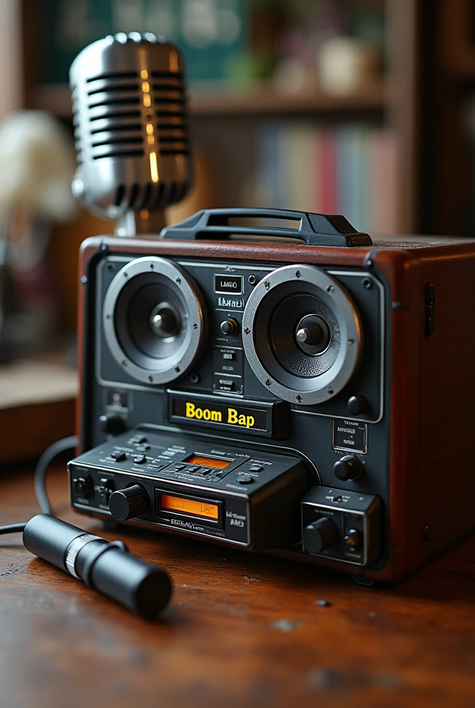 Retro tape recorder and microphones with the name Boom Bap