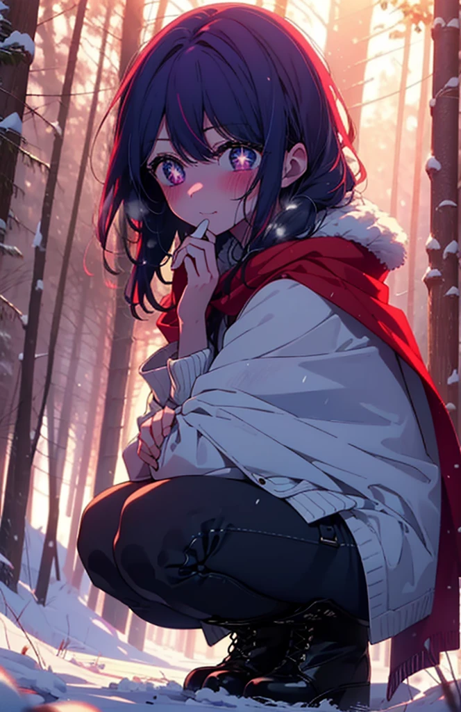 aihoshino, Ai Hoshino, Long Hair, bangs, (Purple eyes:1.1), Purple Hair, (Symbol-shaped pupil:1.5), smile,,smile,blush,white breath,
Open your mouth,snow,Ground bonfire, Outdoor, boots, snowing, From the side, wood, suitcase, Cape, Blurred, , forest, White handbag, nature,  Squat, Mouth closed, Cape, winter, Written boundary depth, Black shoes, red Cape break looking at viewer, Upper Body, whole body, break Outdoor, forest, nature, break (masterpiece:1.2), Highest quality, High resolution, unity 8k wallpaper, (shape:0.8), (Beautiful and beautiful eyes:1.6), Highly detailed face, Perfect lighting, Highly detailed CG, (Perfect hands, Perfect Anatomy),