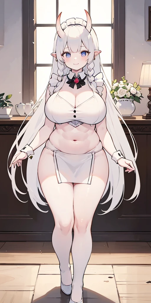 1 full length girl standing, good ass, maid of honor, Hairstyle with a white braid, white hair, blind, perfect lighting, muscular, thighs, mature woman, Mummy, belly button, ABS, look at the viewer (masterpiece, high quality: 1.1) smile, Extremely huge breasts, maternal, Porcelain skin, Extra long hair, shiny skin, good face, oni horns