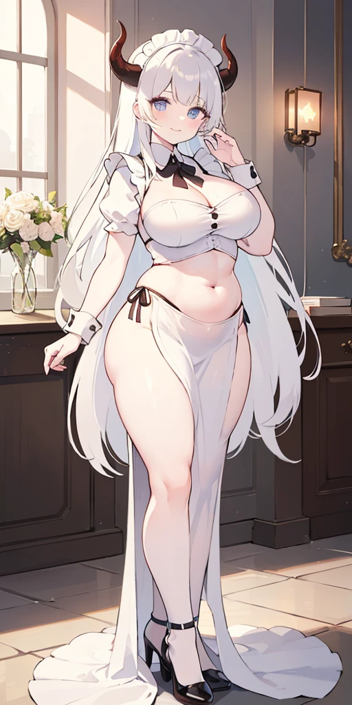 1 full length girl standing, good ass, maid of honor, Hairstyle with a white braid, white hair, blind, perfect lighting, muscular, thighs, mature woman, Mummy, belly button, ABS, look at the viewer (masterpiece, high quality: 1.1) smile, Extremely huge breasts, maternal, Porcelain skin, Extra long hair, shiny skin, good face, oni horns