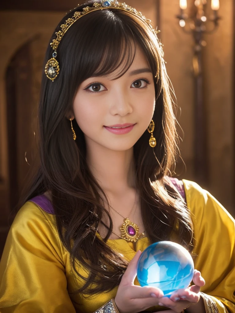 a detailed portrait of Minea the fortune teller from Dragon Quest IV, 1 japanese woman, beautiful detailed eyes, beautiful detailed lips, extremely detailed face and features, long eyelashes, smile,intricate cosplay, alchemist costume, holding a magical crystal ball,fantasy, JRPG, digital painting, cinematic lighting, dramatic pose, warm color palette, masterpiece, 8K, photorealistic, highly detailed, concept art style