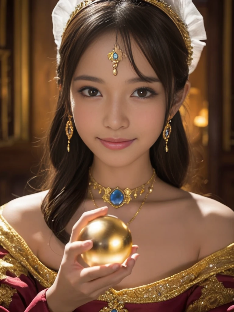 a detailed portrait of Minea the fortune teller from Dragon Quest IV, 1 japanese woman, beautiful detailed eyes, beautiful detailed lips, extremely detailed face and features, long eyelashes, smile,intricate cosplay, alchemist costume, holding a magical crystal ball,fantasy, JRPG, digital painting, cinematic lighting, dramatic pose, warm color palette, masterpiece, 8K, photorealistic, highly detailed, concept art style