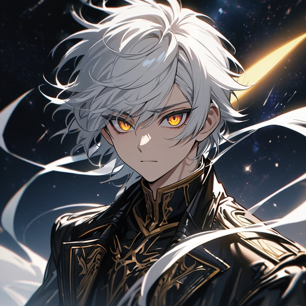 High quality, HD, 4k, no shadows, handsome male, 1male, 17 years old, teenager, short white hair, silver hair, white hair, sharp eyes, dark golden colored eyes, deep golden eyes, dark gold eyes, gold eyes, devil may cry, close up, calm expression, stoic expression, black leather clothes, white leather clothing, lean body, well trained body, upper body, looking at viewer, cowboy shot, white solar, space background