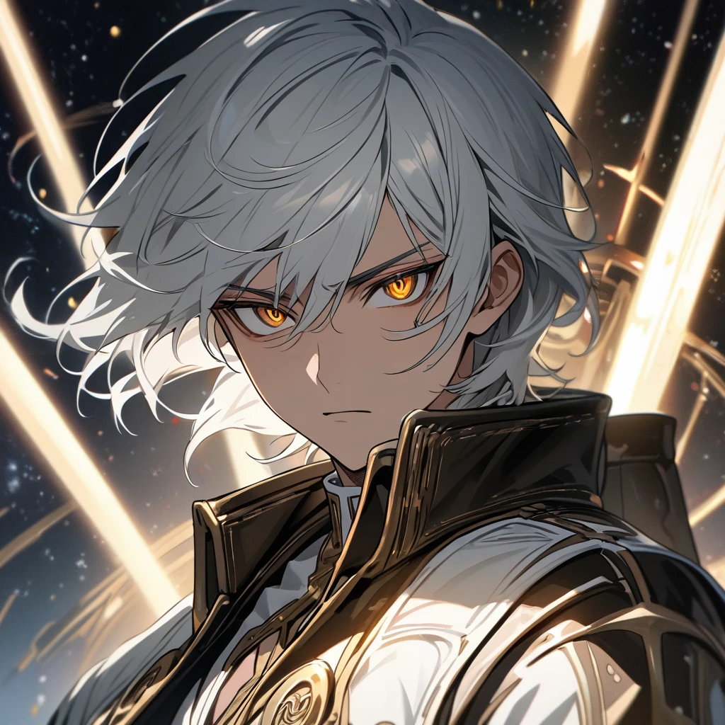 High quality, HD, 4k, no shadows, handsome male, 1male, 17 years old, teenager, short white hair, silver hair, white hair, sharp eyes, dark golden colored eyes, deep golden eyes, dark gold eyes, gold eyes, devil may cry, close up, calm expression, stoic expression, black leather clothes, white leather clothing, lean body, well trained body, upper body, looking at viewer, cowboy shot, white solar, space background
