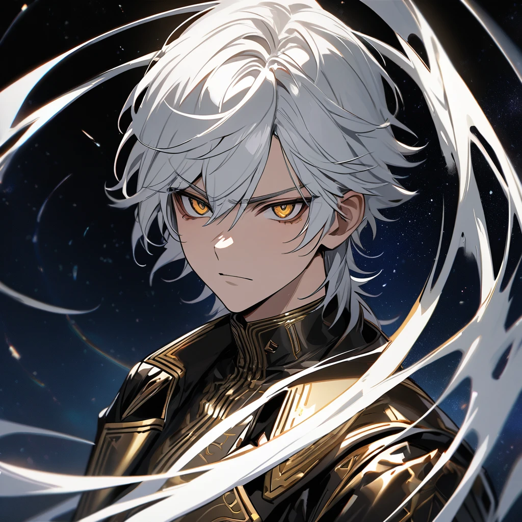 High quality, HD, 4k, no shadows, handsome male, 1male, , teenager, shwhite hair, silver hair, white hair, sharp eyes, dark golden colored eyes, deep golden eyes, dark gold eyes, gold eyes, devil may cry, close up, calm expression, stoic expression, black leather clothes, white leather clothing, lean body, well trained body, upper body, looking at viewer, cowboy shot, white solar, space background