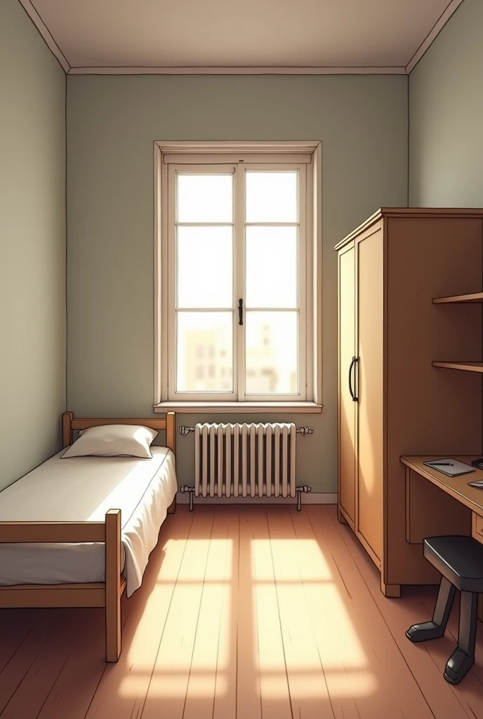 2,Design a 5 m² square room that does not get much sunlight, a window in the middle of the north side, a radiator under it, a door on the left side of the south side of the room, a single bed, a large bookcase, a large wardrobe and a desk in a room with a middle income level.