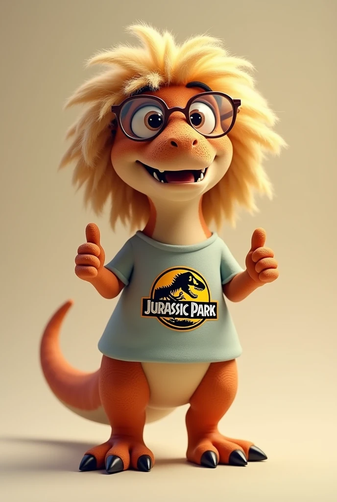A blonde t-rex with long curly hair, who wears glasses with transparent frames, wearing a jurassic park shirt giving a thumbs up
