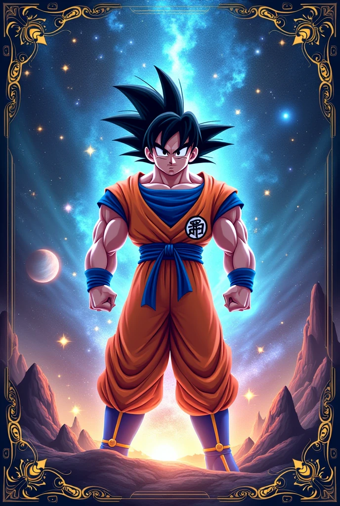 Create a game cover of goku written celestial anime for a roblox game based on the anime fighters simulator. Leave it with a roblox theme and put a phrase in black and yellow written celestial anime in Portuguese.