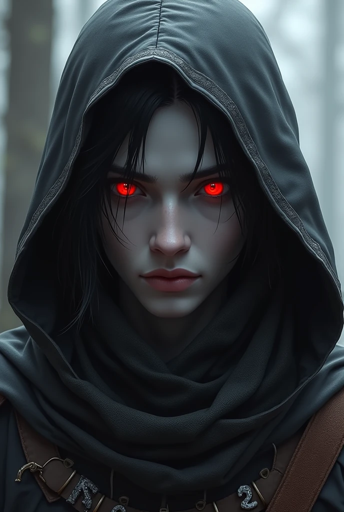 eladrin male rogue in hood with black hair, gray skin and red eyes