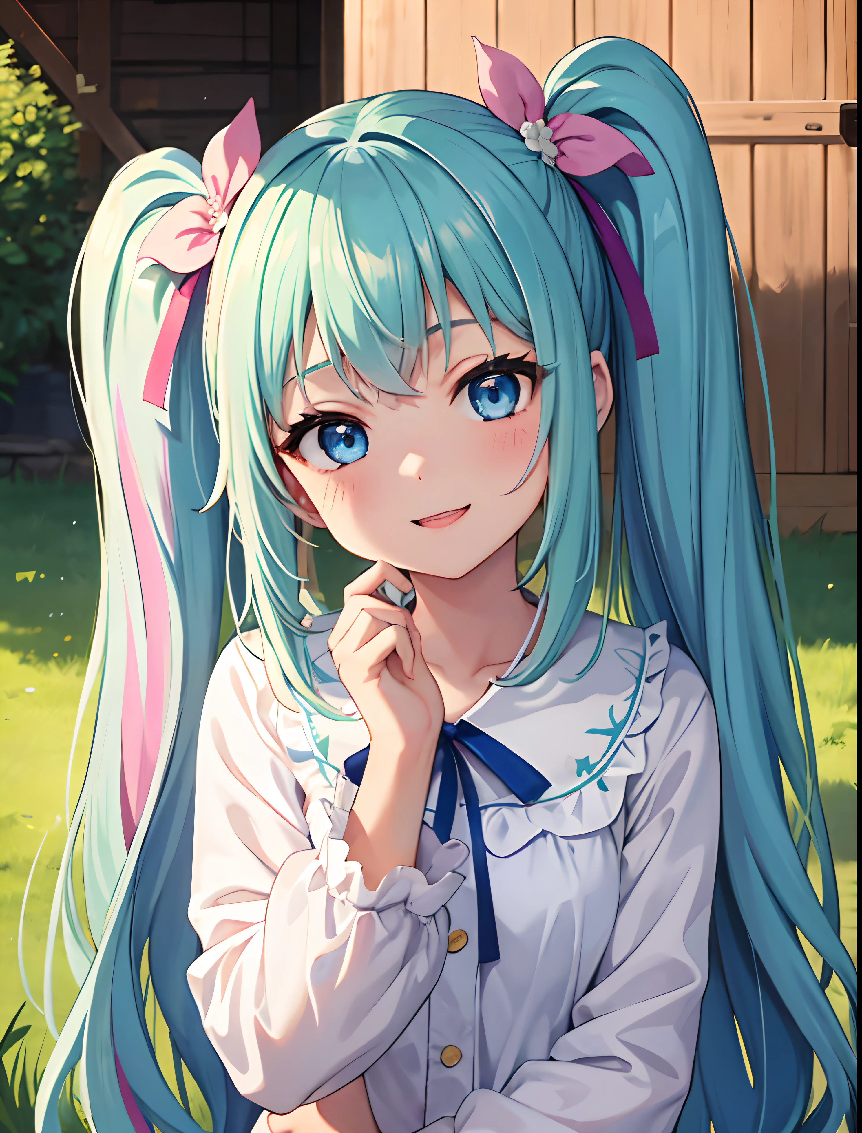 masterpiece:1.2、high quality、最high quality、High resolution、detailed、Surreal、One Girl、Pink twin-tailed long hair,、Beautiful Blue Eyes、Tilt your head、Morning Glow、Green Grass々Shigi々、birdie、rainbow、Portrait、Cute smile、(detailedな顔)、((Sharp focus))、
