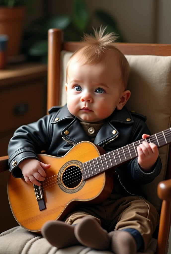 Image of a male in a rocker style leather jacket playing a guitar