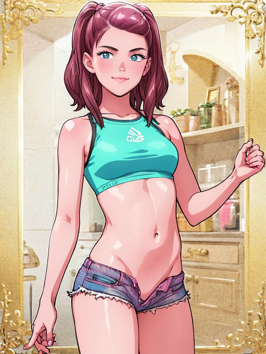 masterpiece, Best Quality, 1 girl, Alone, good hips, final, finalty bimbo clothes, medium breasts, smile, rubio, final, young girl, spoiled girl, Wide hips, pink crop top, very short bermuda shorts, 16 year old young man,