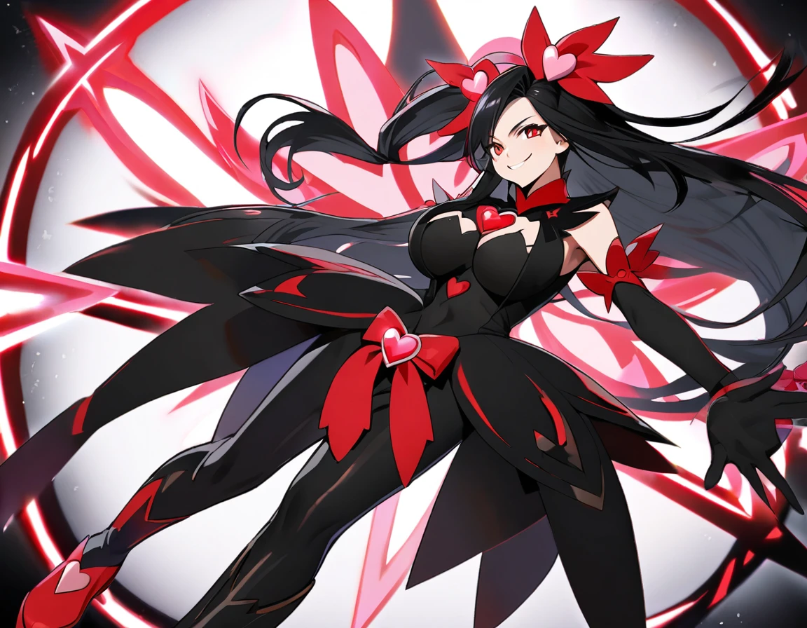 cure devil(magical girl, cool, big breast, feather motif hair accessory, straight long black hair, red eyes, black long dress, black short boots, black opera gloves, smile)