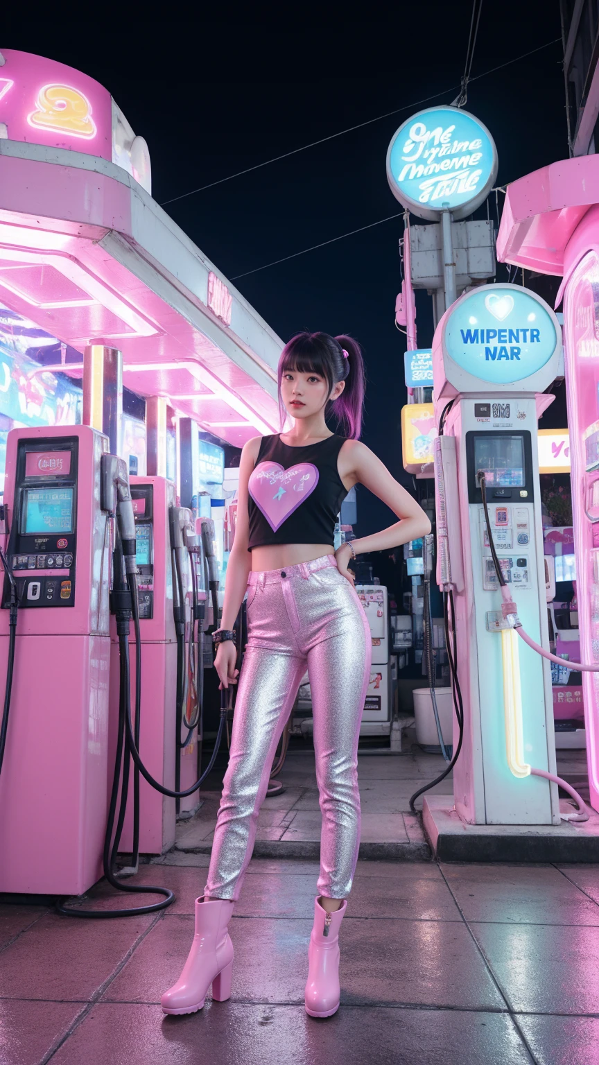 A young woman in a futuristic, sparkly outfit stands confidently amidst a surreal, neon-lit gas station. The gas pumps, adorned with stars, are suspended in mid-air, their hoses swaying playfully. The scene is drenched in vibrant pink and purple hues, creating a hyperrealistic and otherworldly atmosphere, white and pink plaid pants, pink boots, white pink heart printed top, unusual fashion choices, black low ponytail with bangs