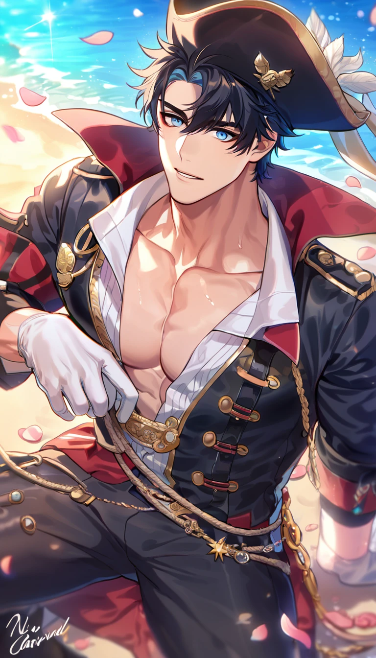 absurdres, highres, ultra detailed, HDR, master piece, best quality, perfect face, beautiful eyes, Wriothesley, black hair, expressive blue eyes, Genshin Impact, solo, sexy man, handsome, horny, lewd, pirate clothes, black hat, white gloves, accessories, showing the chest, pirate, petals, beach, sea, flowers, Nu Carnival