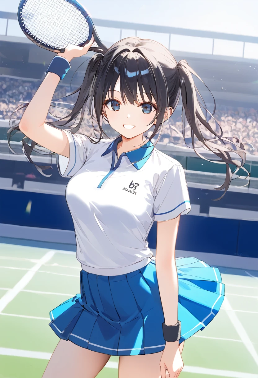 高いquality illustration, masterpiece, Very delicate and beautiful, Slender body, Anime Style, Beautiful Eyes, masterpiece, Highest quality, High resolution, Very detailed, Perfect lighting、Painted from the front、Very young girl、1 female、smile、Close your mouth、Black Hair、Short Twin Tails、tennis Club、(White tennis uniform)、Tennis court、audience、tennis racket、The skirt is twisted by the wind、the wind is strong、noon、