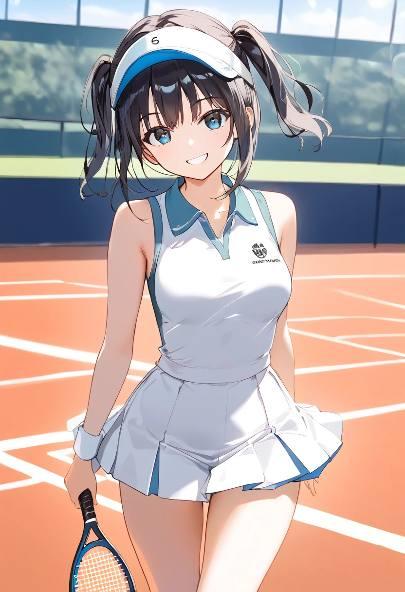 高いquality illustration, masterpiece, Very delicate and beautiful, Slender body, Anime Style, Beautiful Eyes, masterpiece, Highest quality, High resolution, Very detailed, Perfect lighting、Painted from the front、Very young girl、1 female、smile、Close your mouth、Black Hair、Short Twin Tails、tennis Club、(White tennis uniform)、Tennis court、audience、tennis racket、The skirt is twisted by the wind、the wind is strong、noon、