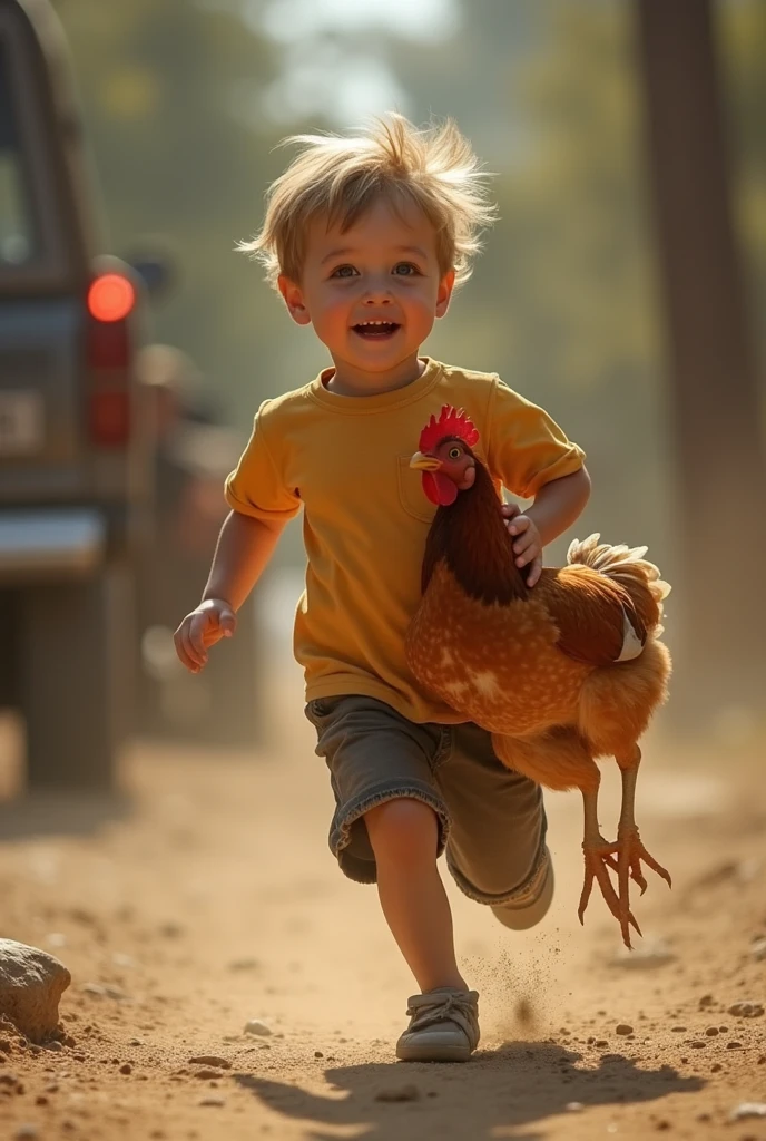 boy running after a chicken