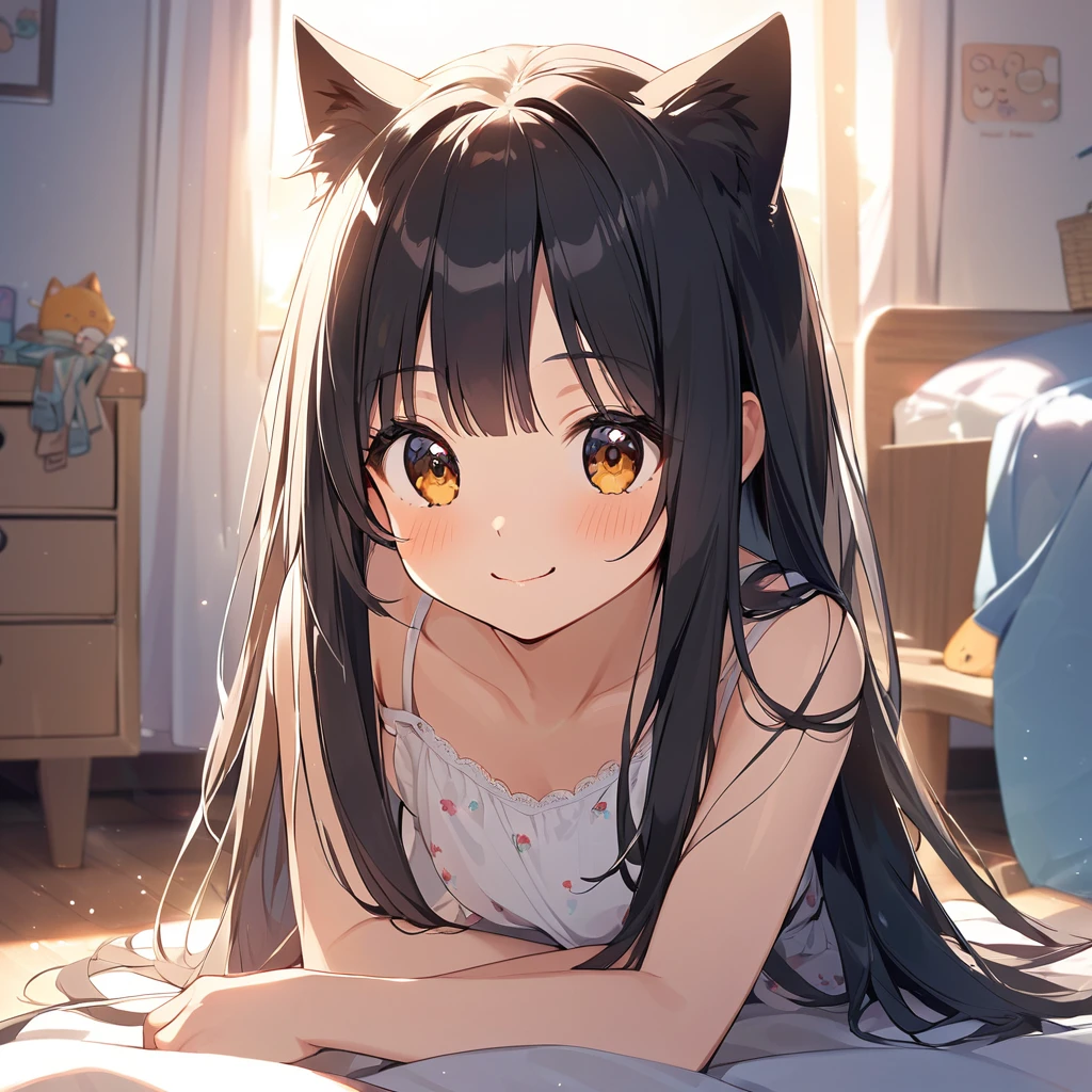 girl,cute,cute,Chest to head,smile,Embarrassing,Straight hair,Long Hair,Black Hair,girl sitting,morning,sunny,Light shines in,camisole,Looking into the camera,Cat Pose,My Room