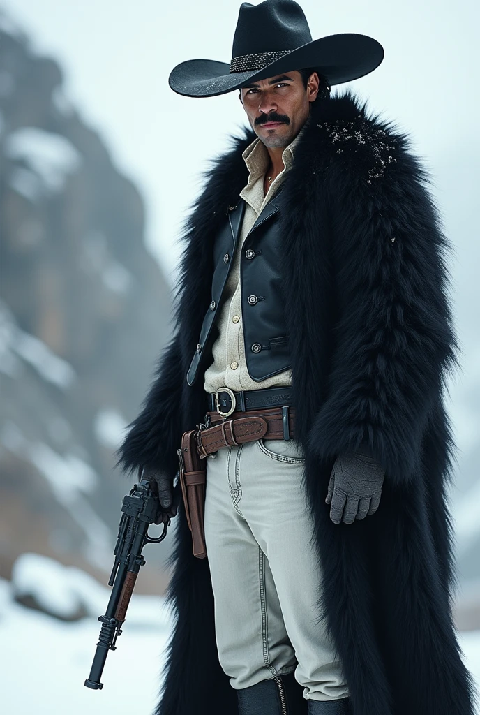 Show me a legendary gunslinger with a black Mexican hat, a mustache, with a white shirt, a black vest closed over the shirt, a black panther skin covering his shoulders and part of his back, white denim pants, black cowboy boots on her feet, with a black belt and being in a cold, mountainous setting, that he is in an epic pose holding his gun