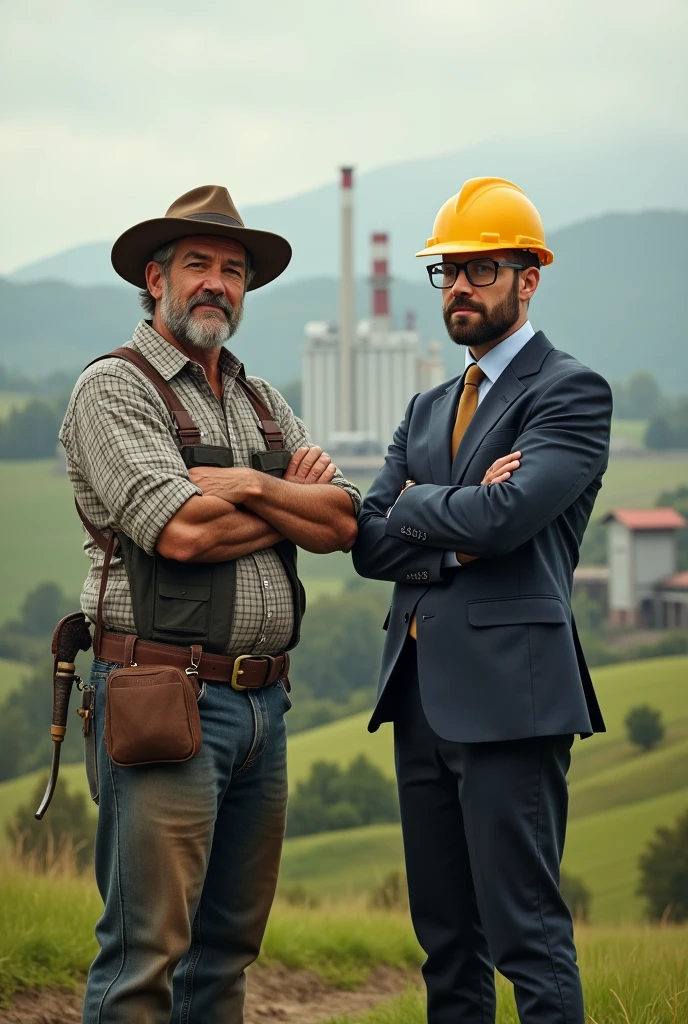 Farmer with arms crossed standing next to an industrial engineer